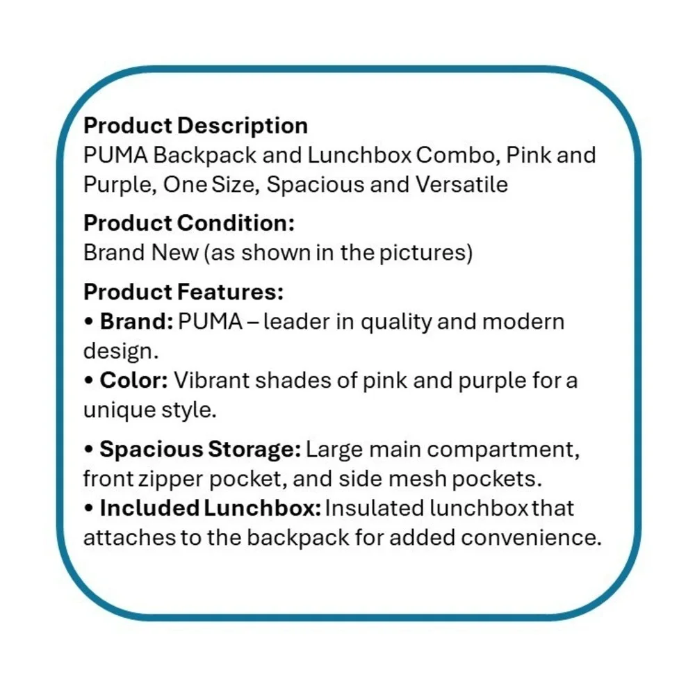 PUMA Backpack & Lunch Kit Combo Pink Purple One Size School Travel